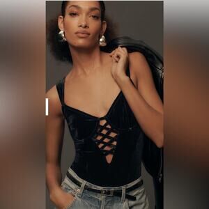 NWT Anthropologie Velvet Lattice Bodysuit Black Size XS